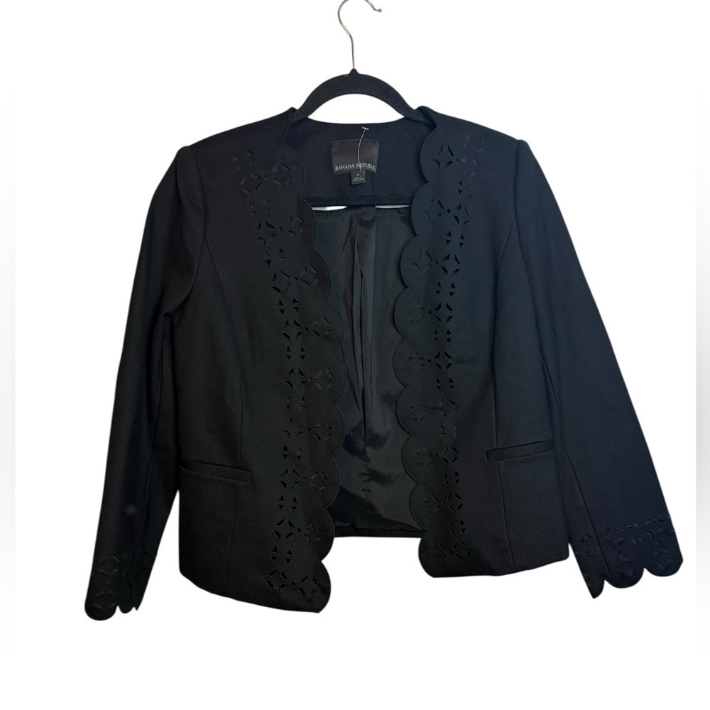Banana Republic Black Laser Cut Scalloped Open Front Blazer